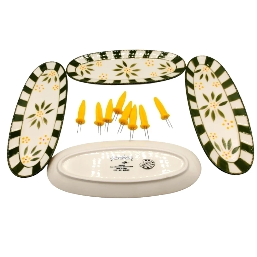 Temptations Old World Corn on the Cob Oval Plates with Skewers‎